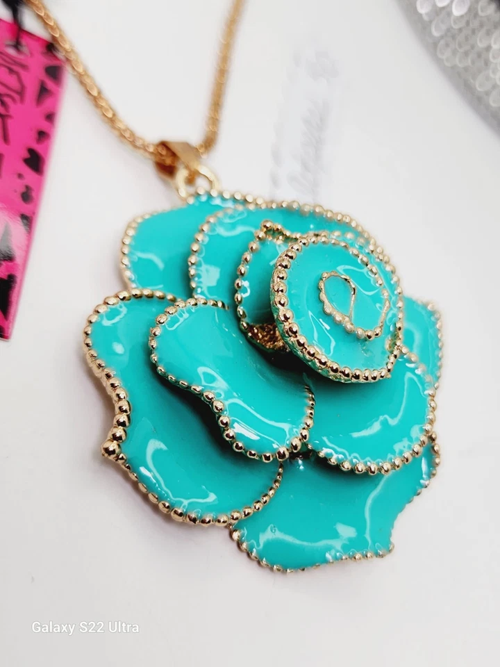 Betsey Johnson синий полный цветок 3D цветок розы золотой подвеска ожерелье 20-24  - Изображение 3 из 4