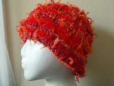Hand knitted warm sparkly beanie/hat, red/orange/pink/lavender striped