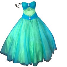 Lime Green Blue Ball Gown with Rushing Sequin Strapless Fit Flare. Sz 8 Full