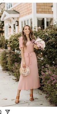 Merrick white Pink Midi Dress Sleeve Ties Pockets Size Med 6-8 Easter Spring 