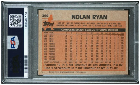Tarjeta de béisbol 1983 Topps Nolan Ryan firmada por la corte #360 certificado PSA/DNA automático 10 Foto 3 de 4