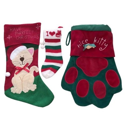Christmas Cat Stockings Lot Of 3 Felt Knit Velour Kitty Paw Holiday