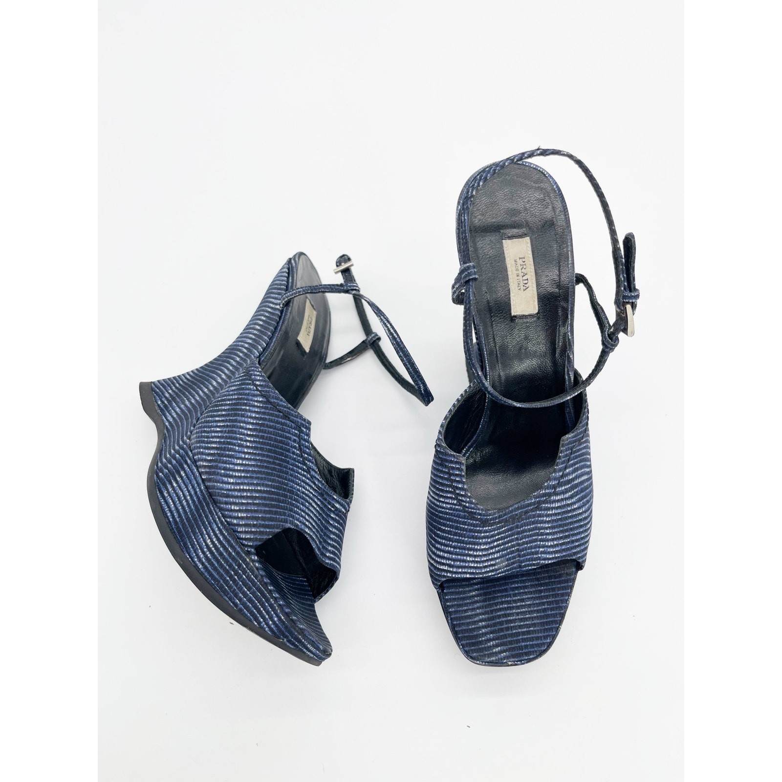 Prada Vintage Fall 2004 Runway Blue Wavy Striped Platform Wedge Sandals IT 38.5