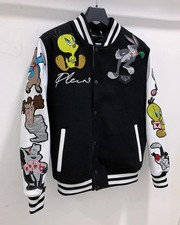 Men’s Black Varsity Jacket Cartoon Patch Bomber | Button Up Letterman Coat