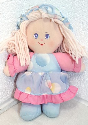 1988 DOLLY MINE Plush Stuffed Doll Pink & Blue Polka Dot Circles Dress 8'' guc