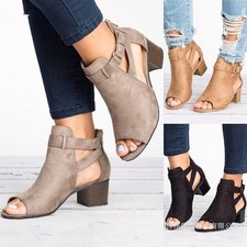 Ladies Low Mid Block Heel Ankle Boots Sandals Casual Peep Toe Open Chunky Shoes