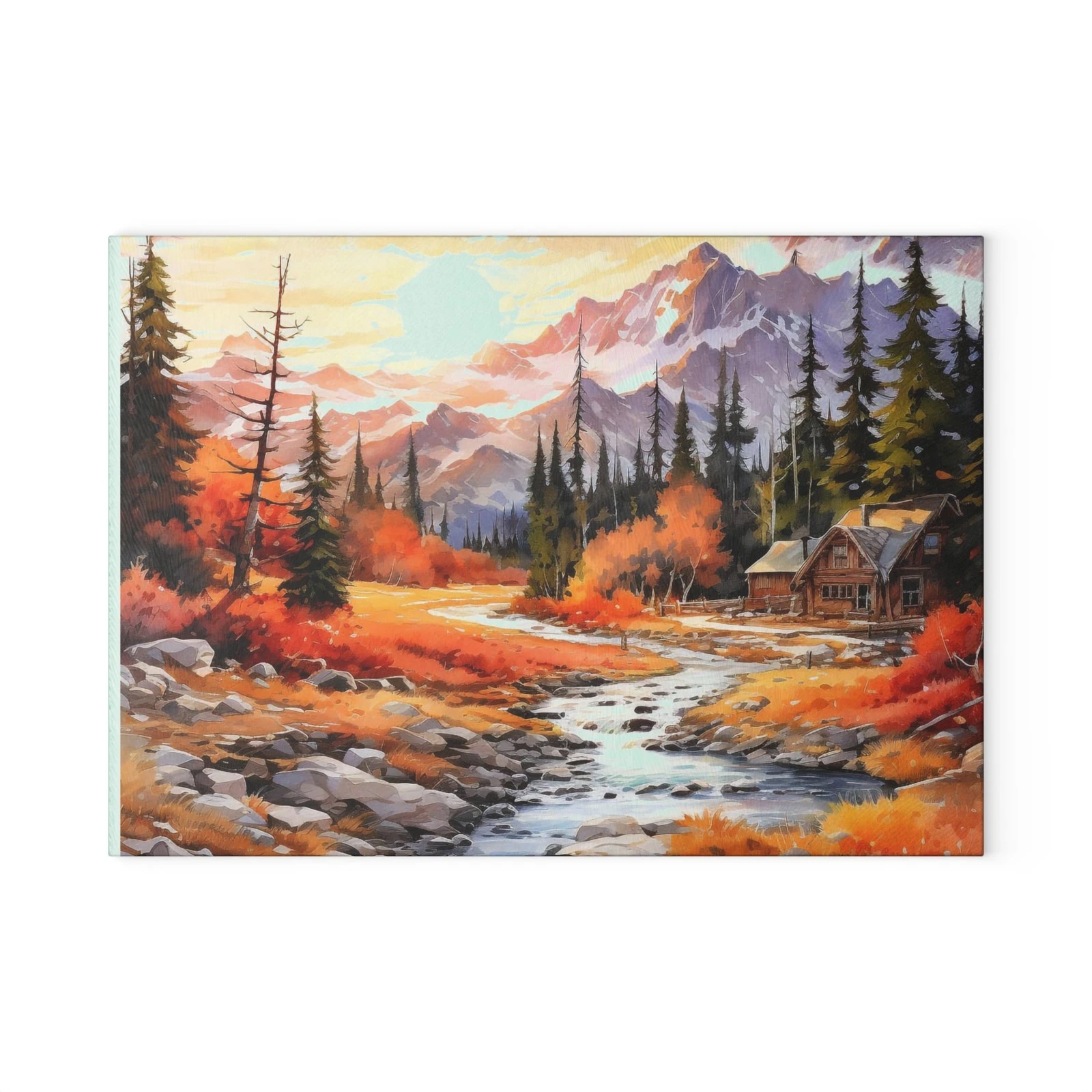 Cabin Mountains River Trees Landscape Art Glass Cutting Board, Kitchen Decor