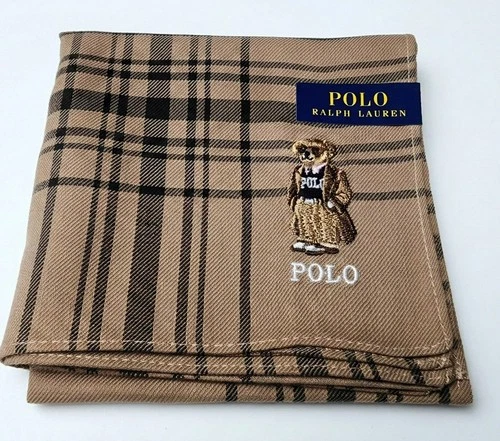 Polo Ralph Lauren Bear Embroidered scarf Handkerchief Striped Cotton Beige Check