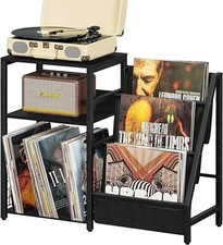 Black End Table Record Player Stand 3-Tier Side Table with Display Storage Shelf