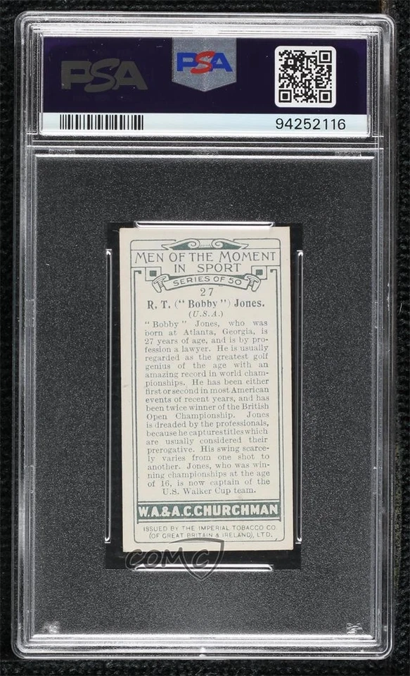 1928 Churchman's Men of the Moment in Sport Tobacco Small Bobby Jones #27 PSA 6 - Image 2 of 2