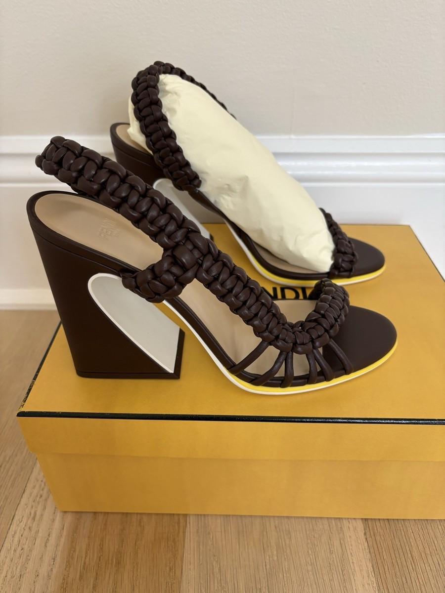 Fendi Arco Brown Leather Strappy Block Heel Sandals US 9 Braided