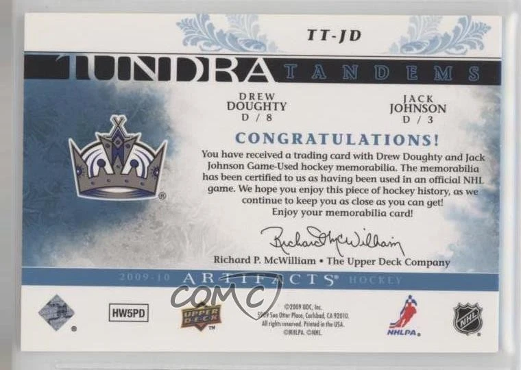 2009 Upper Deck Artifacts Tundra Tandems /100 Drew Doughty Jack Johnson #TT-JD - Image 2 of 2