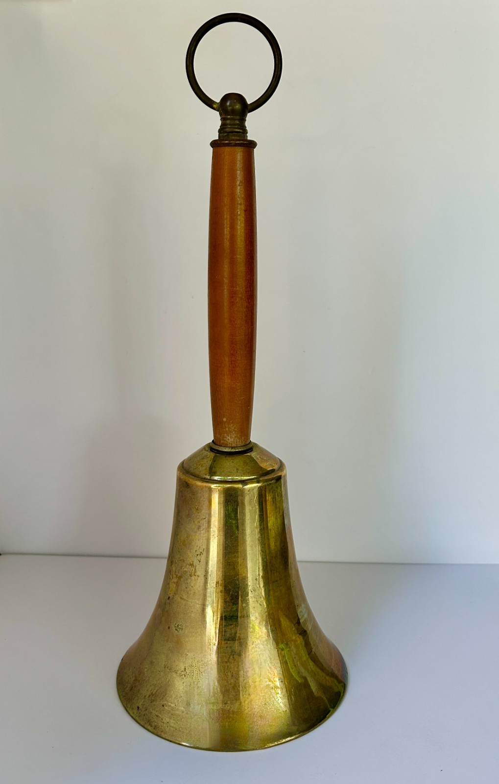 Vintage Large Brass Hand Bell Loud School Church Desk Wood Handle 15.5” Tall