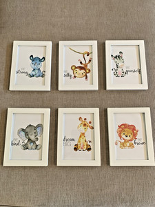 Set of 6 Safari Animal Nursery Wall Art Prints – Framed Jungle Baby Room Décor