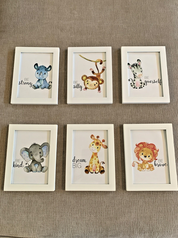 Set of 6 Safari Animal Nursery Wall Art Prints – Framed Jungle Baby Room Décor