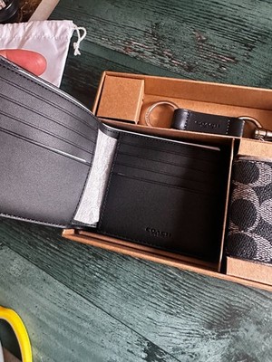 NIB COACH Boxed 3-In-1 Wallet Gift Set SV /DENIM Chalk Leather Key