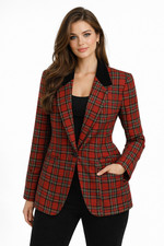 Vintage Sag Harbor Red Plaid Blazer Jacket Black Velvet Collar Womens Size 14
