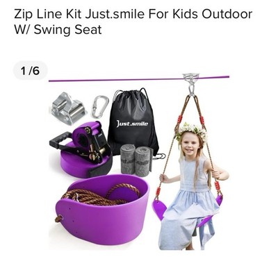 Just.smile Kids Zipline Kit 60ft Ninja Slackline Pulley w Purple Soft Swing NEW
