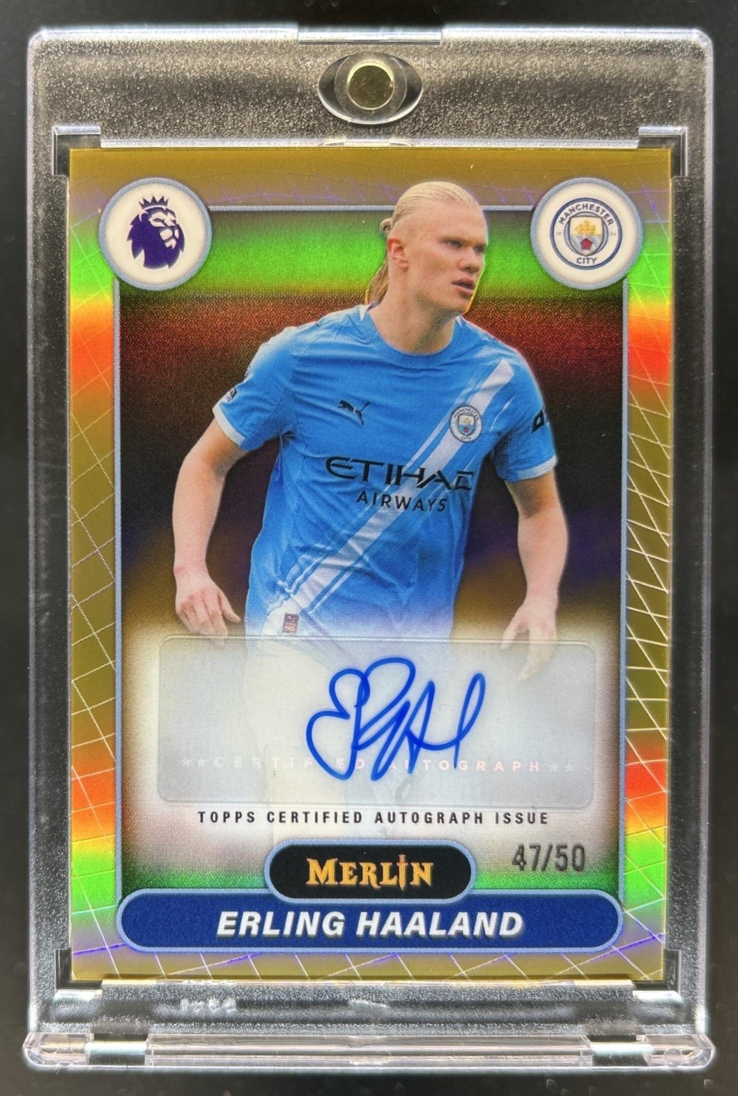 2026 Topps Merlin Premier League Erling Haaland Auto Gold Refractor #/50 view 1