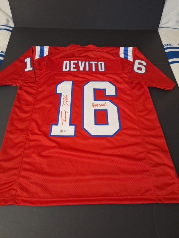 TOMMY DEVITO NEW ENGLAND PATRIOTS SIGNED INSCRIBED CUSTOM XL JERSEY BECKETT-COA 