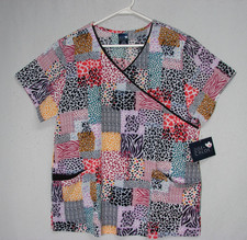 New Zoe Chloe Performance Scrub Top Patchwork Animal Print Size L Pockets