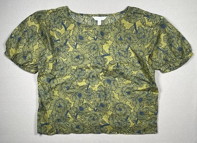 Garnet Hill Linen Green Floral Short Sleeve Puff Blouse Top - Women Size Medium
