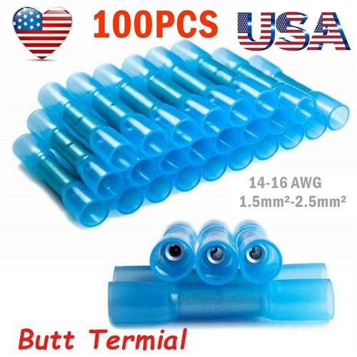 100Pcs Blue 14-16AWG Heat Shrink Waterproof Wire Connectors Butt Seal Terminals - Picture 1 of 12