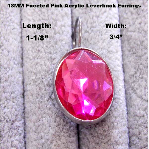 18MM FACETED,PINK ACRYLIC STAINLESS STEEL LEVER-BACK EARRINGS-SIZE: LARGE - Picture 4 of 6