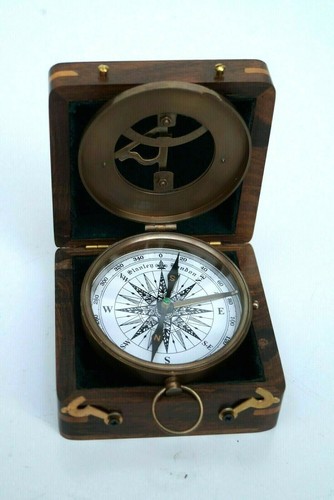 Sundial Compass Nautical Brass Antique 3" With Wooden Box Marine Christmas Gift - Picture 6 of 8