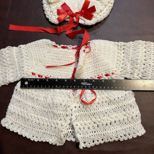 Hand Crocheted Crochet White Baby Jacket And Bonnet Red Ribbon - Picture 5 of 6
