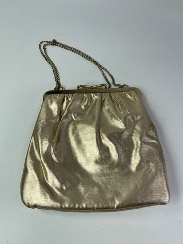 Vintage 1960's Gold Lame Evening Bag Clutch Purse With Chain EUC