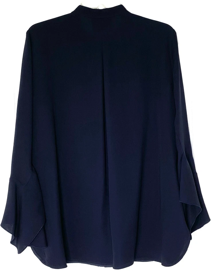 Blusa Top LAFAYETTE 148 Azul Marino Graydon Manga Larga Campana Seda Abotonada L = 12/14 Foto 3 de 4