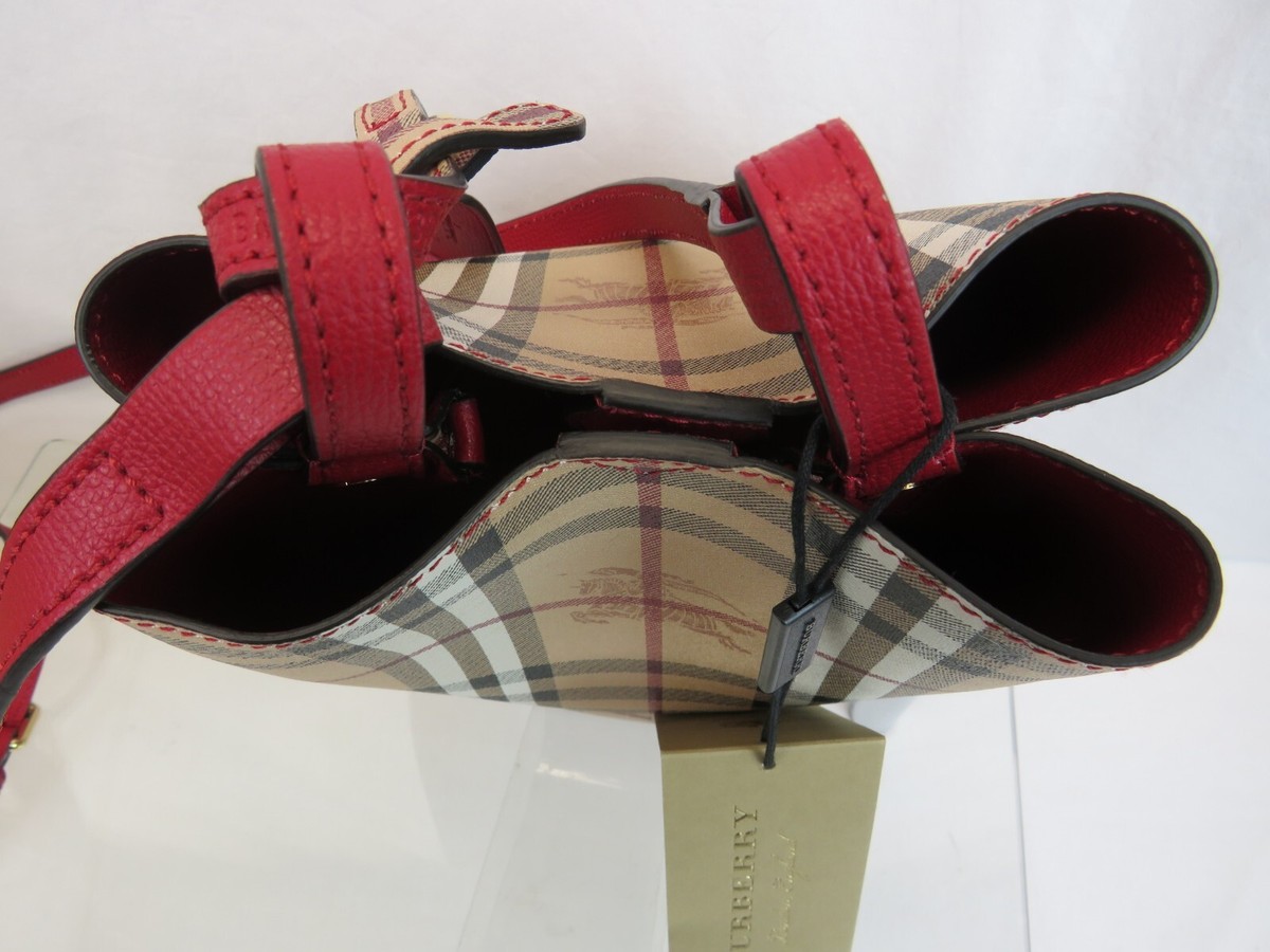 NWT BURBERRY LORNE RED LEATHER HAYMAKET NOVA CHECK CROSSBODY