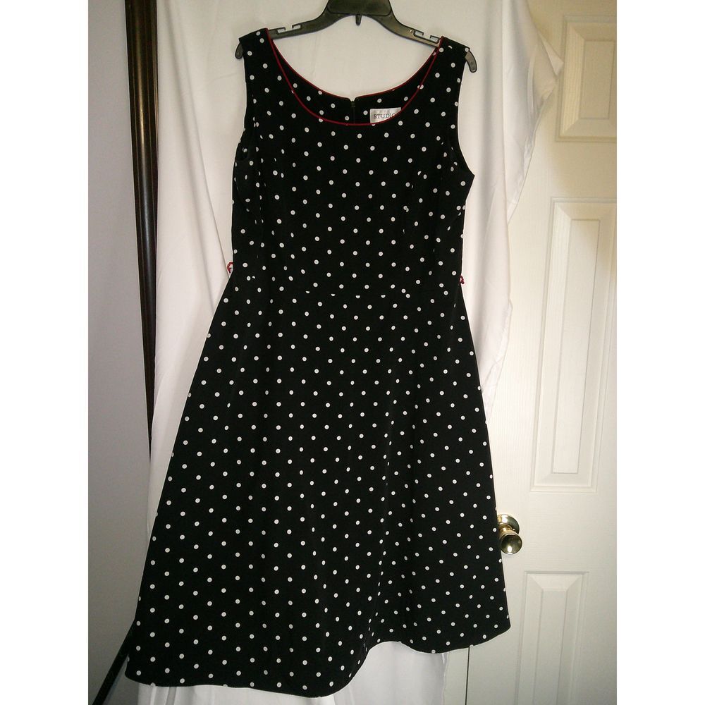 Studio I Classic Black and White Polka Dot Sleeveless A-Line Dress w/Red  Trim 14 | eBay