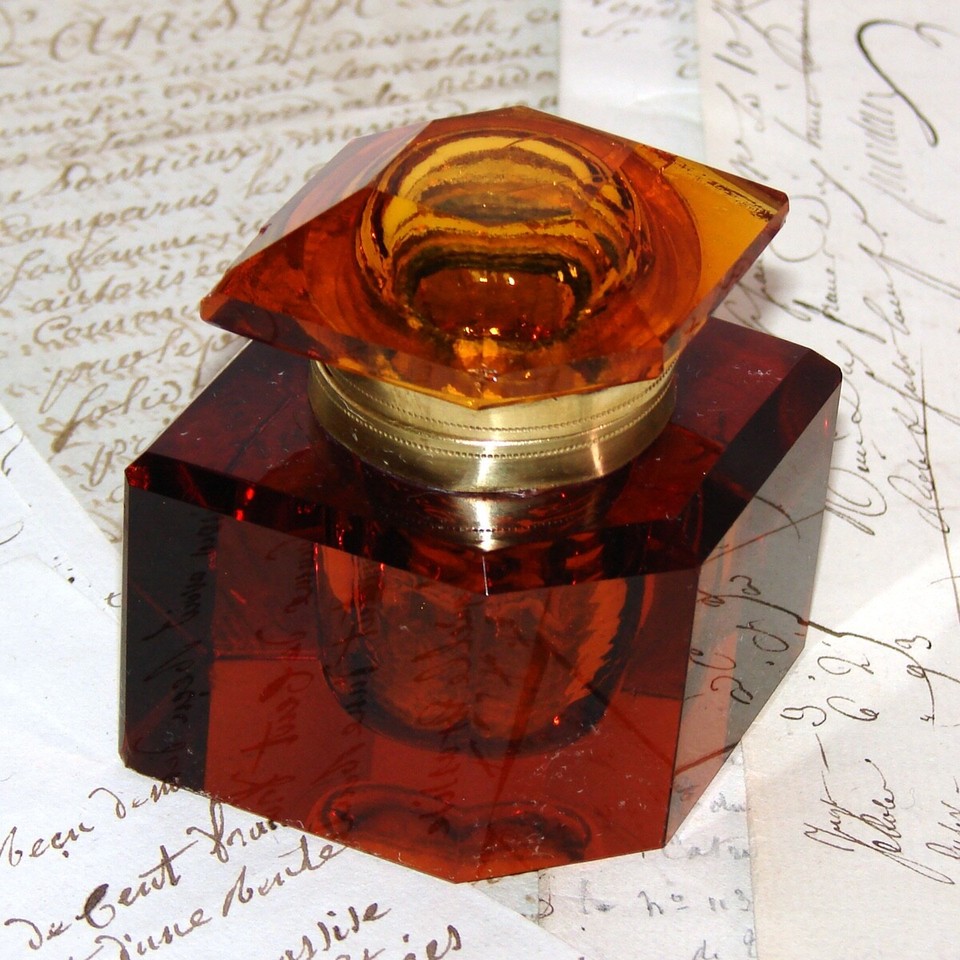 Lg Antique Victorian - Edwardian Era Amber Glass Desk Top Inkwell ...