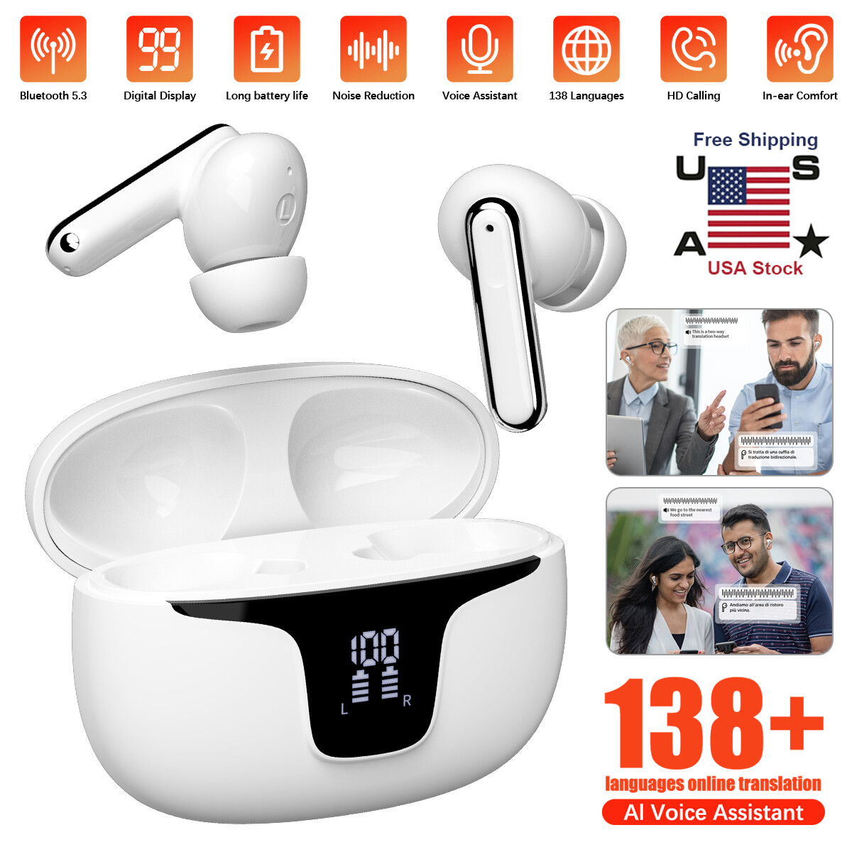 138+ Languages Translator Earbuds Real Time Translator Earphones Smart Voice NEW