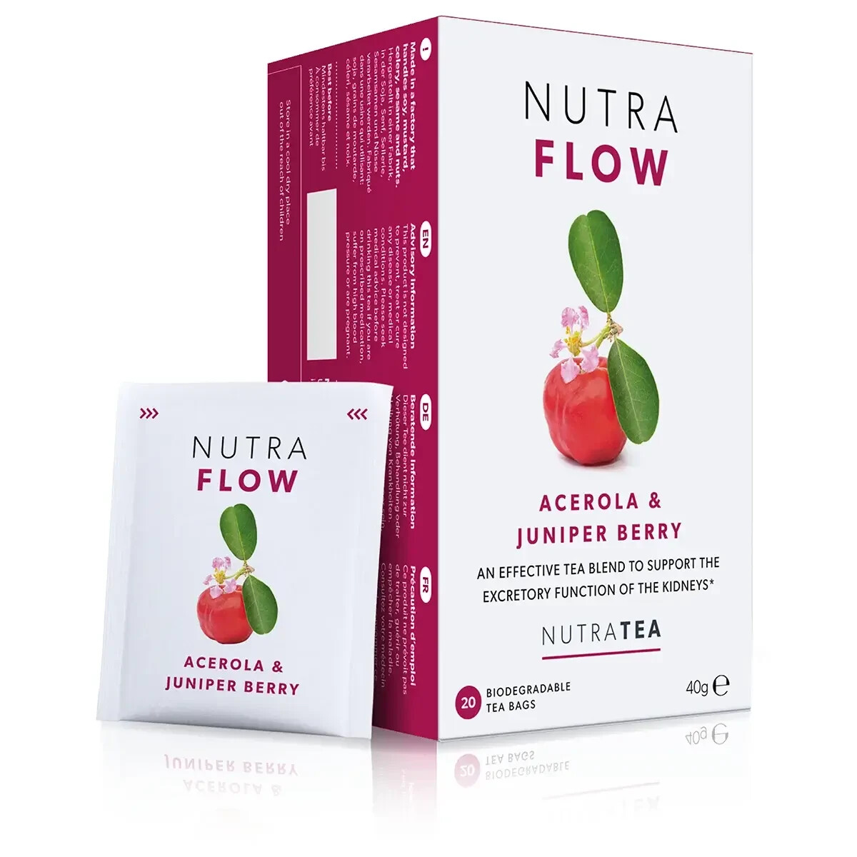 Flujo de té Nutra con acerola y bayas de enebro, 20 bolsitas de té, apoyo para la salud renal