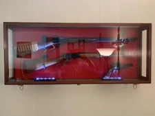Gun Display Case Double 45" Walnut LED Light Red Cabinet Rifle Shotgun Wood Rack