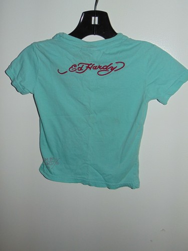 Ed Hardy Unisex Teal Blue Rhinestone Dragon Silver Bee Toddler T-Shirt sz 4 Year - Picture 4 of 4