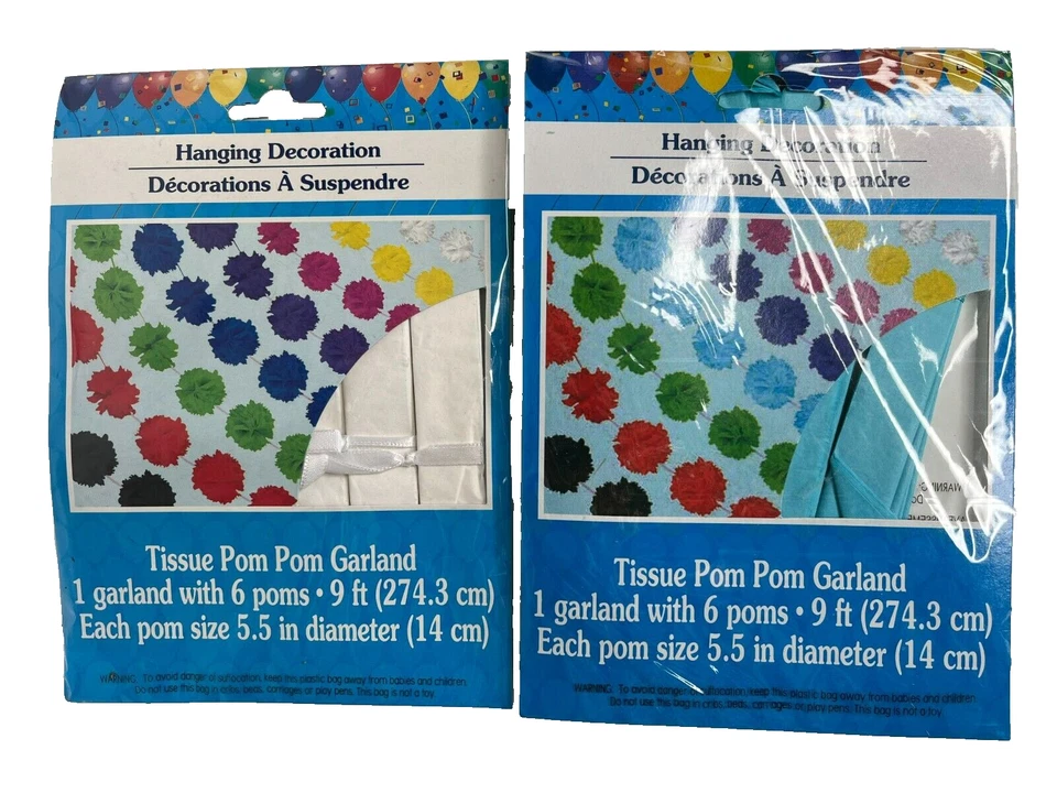 Guirnalda de pompones de pañuelo blanco azul 9 pies cada lote de 6 nuevos cumpleaños baby shower Foto 2 de 2