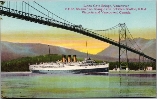postcard Lions Gate Bridge - C.P.R. Steamer Vancouver Canada suspension bridge