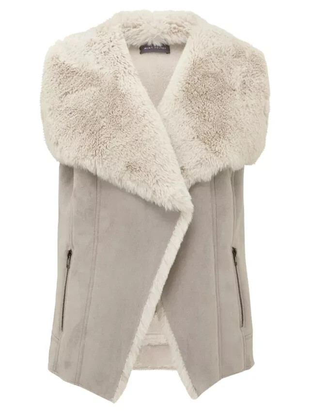 Mint Velvet Faux Fur Suede Mix Gilet Jacket Sleeveless Coat Grey UK