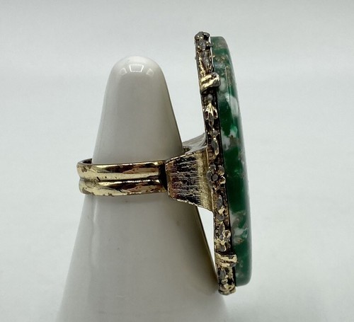 Vintage Stein Ring oval grün goldfarben verstellbar groß Statement 1 3/4" - Bild 2 von 9