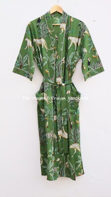 Cotton Robe Long Kimono Green Sleepwear Robe Indian Animal Printed Night Dress