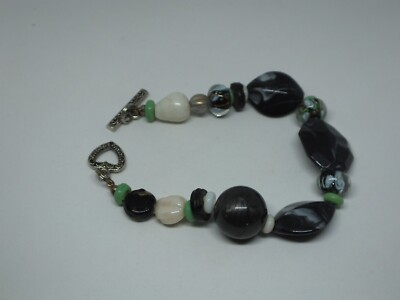 Beautiful Toggle Clasp Bracelet Silver Tone Black Green Beads 3/4'' W x 8 1/4'' L