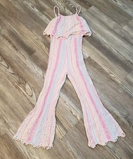 Zara Kids Girls 11-12 Striped Gauzy Eyelet Jumpsuit Sleeveless Bell Bottom
