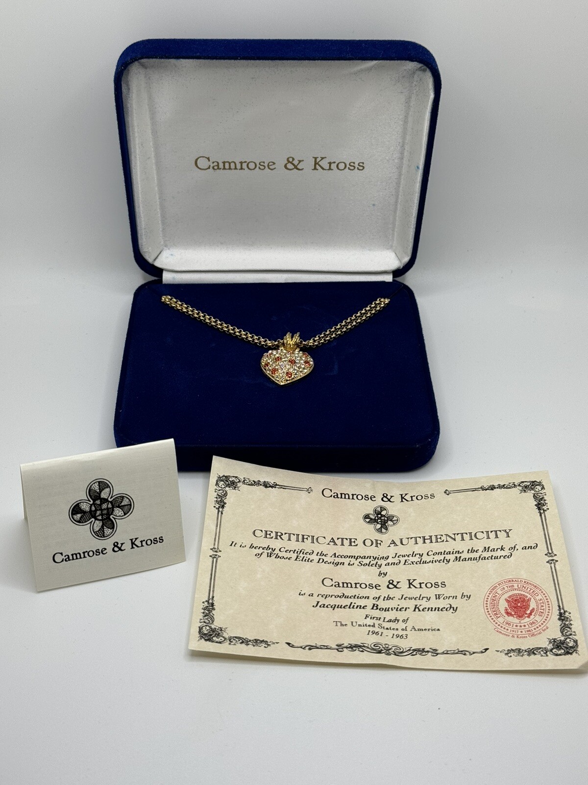CAMROSE & KROSS JBK JACQUELINE KENNEDY HEART RHINESTONE PENDANT NECKLACE