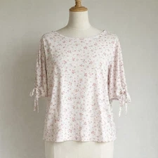 Woolovers Women’s White Pink Floral Linen Blend Top M Casual Tie Sleeve