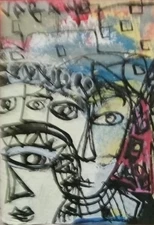  Original Ooak Aceo ATC Art Abstract Cubist Collectable Mini Portrait Painting 