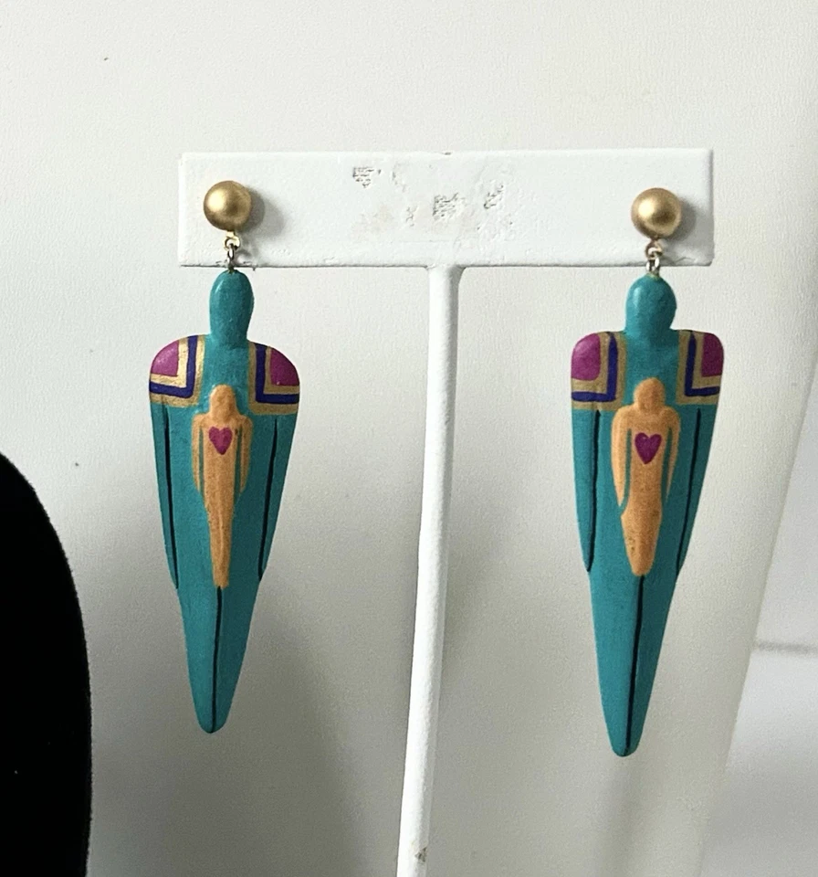 Broche y pendientes pinza de pelo de madera pintada Laurel Burch firmados de colección Foto 4 de 4